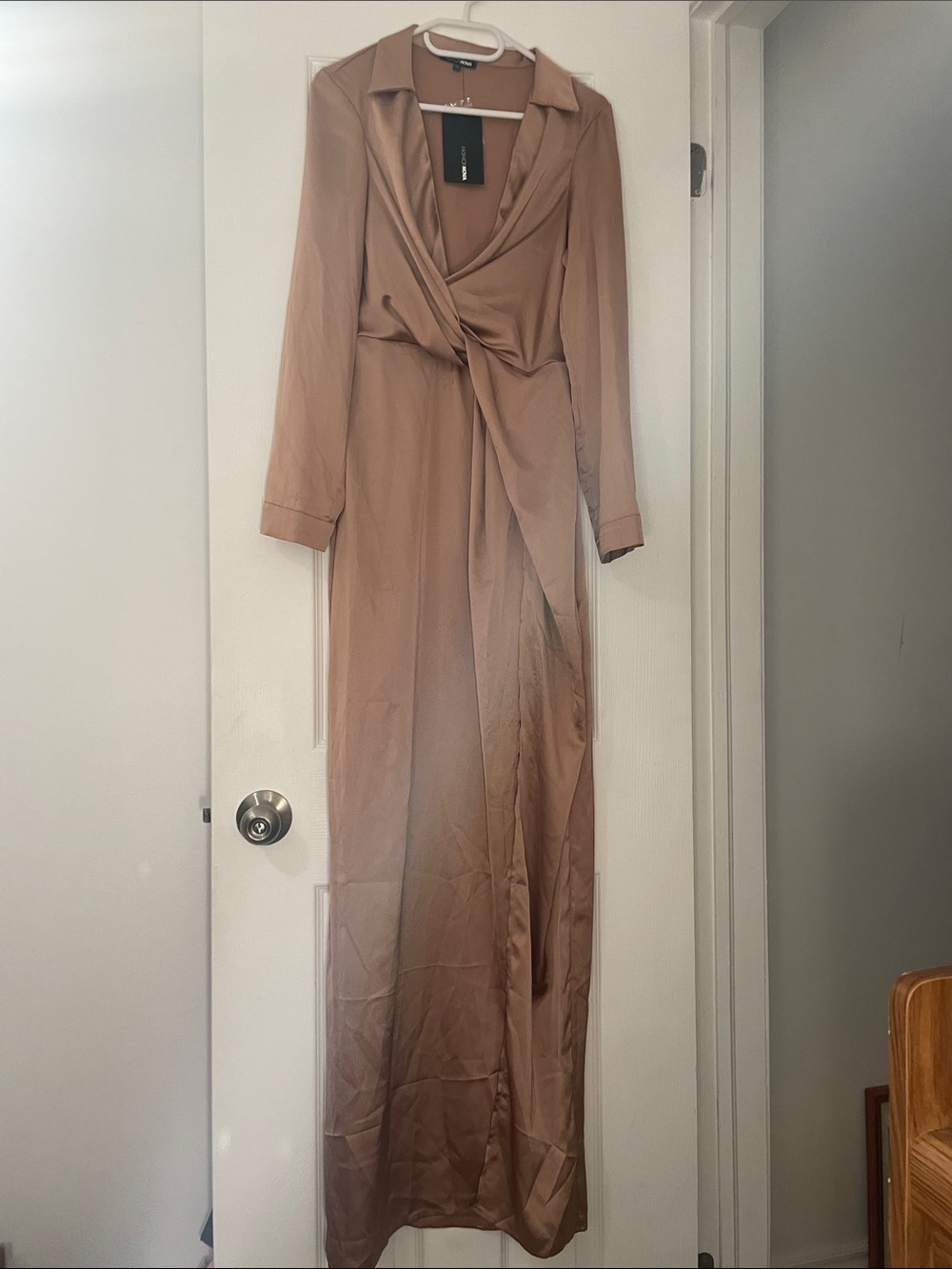 Fashion Nova Taupe Satin Maxi Wrap Dress